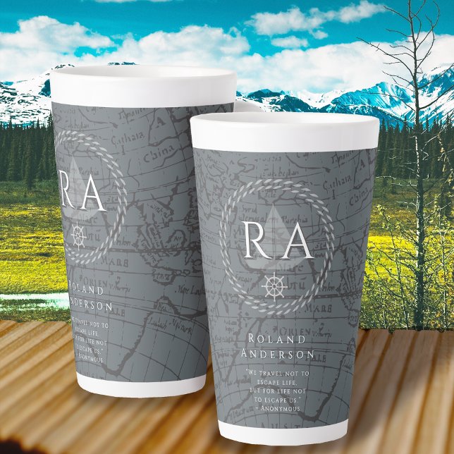 Caneca De Café Latte Nautical Rope Monogram Map Grey (Nautical Map Monogram Traveller Grey Latte Mug.)