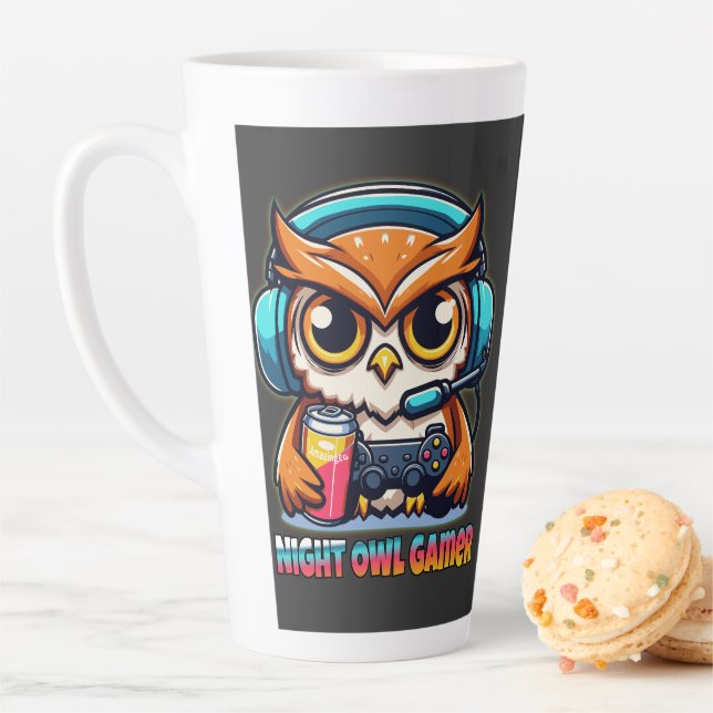 Caneca De Café Latte Night Owl Gamer Mascot Fun Gaming Illustration (In Situ)