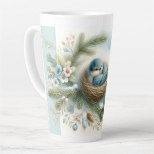 Caneca De Café Latte Ninho de Pássaro Azul com Enfeites em Pinheiros de