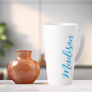 Caneca De Café Latte Nome Azul Brilho em Script Manuscrito Personalizad