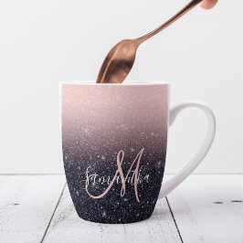Caneca De Café Latte Nome de cintilações preto e rosa modernos