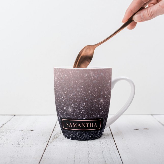 Caneca De Café Latte Nome de cintilações preto e rosa modernos (Criador carregado)