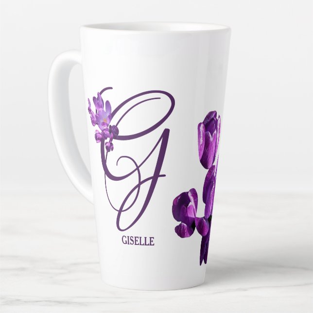 Caneca De Café Latte Nome de Giselle bonito floral roxo (Ângulo esquerdo)