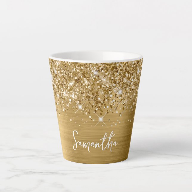 Caneca De Café Latte Nome de Script de Glam Dourado Extra Sparkly (Frente)