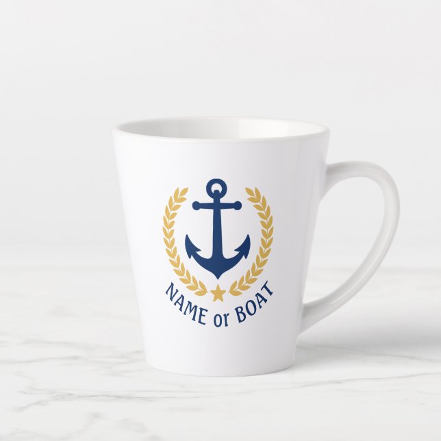 Caneca De Café Latte Nome do barco Ancoragem Náutica Dourada Laurel (Direita)