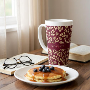 Caneca De Café Latte Nome do Monograma Elegante Leaf Daisy Pattern Burg
