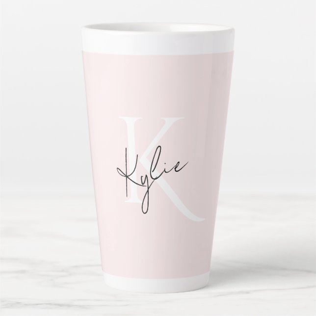 Caneca De Café Latte Nome do Monograma Personalizado do Rosa de Blush M (Frente)