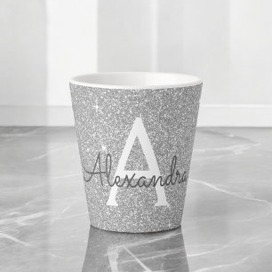 Caneca De Café Latte Nome e inicial do monograma do Silver Sparkle