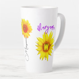 Caneca De Café Latte Nome Floral e Monograma | Girassol Personalizado