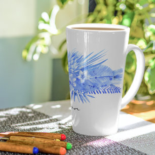 Caneca De Café Latte Nome, Flores e Folhas Tropicais Azul Cobalto