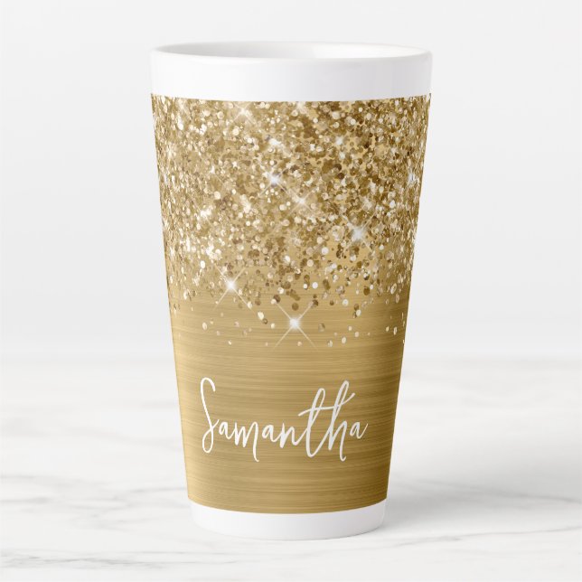 Caneca De Café Latte Nome Glamouroso Dourado Brilhante e Espelhado (Frente)