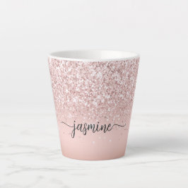 Caneca De Café Latte Nome Monograma Brilhante Rosa Dourado Elegante