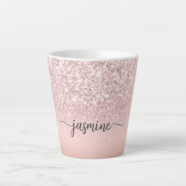Caneca De Café Latte Nome Monograma Brilhante Rosa Dourado Elegante (Frente)