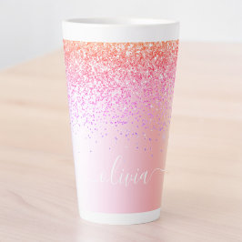 Caneca De Café Latte Nome Monograma de Metal Brilho Pastel Arco-íris Fe
