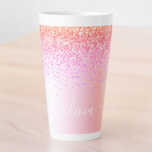 Caneca De Café Latte Nome Monograma em Metal Brilho Pastel Arco-íris Fe