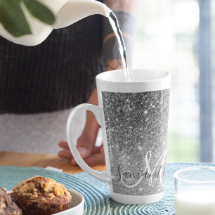 Caneca De Café Latte Nome Personalizado da Glitter da Cinza Moderna