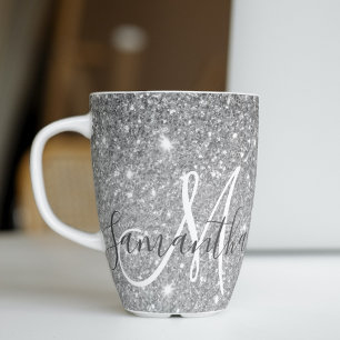 Caneca De Café Latte Nome Personalizado da Glitter da Cinza Moderna