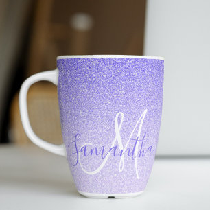 Caneca De Café Latte Nome Personalizado da Glitter Roxo Moderno