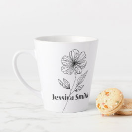 Caneca De Café Latte Nome personalizado Desenho da Linha de Flor Minima