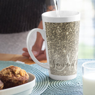 Caneca De Café Latte Nome Personalizado do Glitter Glitter Dourado Mode