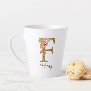 Caneca De Café Latte Nome Personalizado - Letra F Dourada Folha Esmagad
