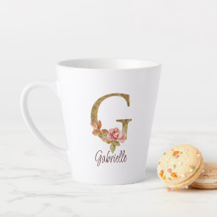Caneca De Café Latte Nome Personalizado Letra G Folha Dourada Rosas Ros