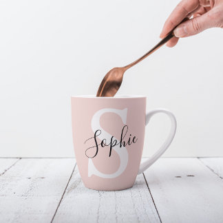 Caneca De Café Latte Nome Personalizado Moderno Monograma Pastel Rosa