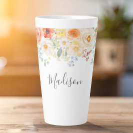Caneca De Café Latte Nome Personalizado Monograma Aquarela Floral Ensol