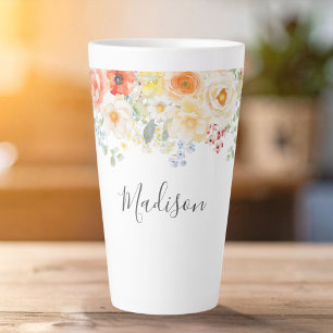Caneca De Café Latte Nome Personalizado Monograma Aquarela Floral Ensol