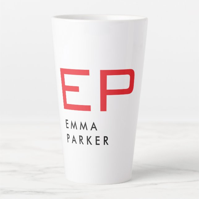 Caneca De Café Latte Nome Próprio Único Monograma Vermelho Trendy Branc (Frente)