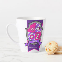 Caneca De Café Latte Nome Zoey que significa cavaleiro roxo letra rosa 