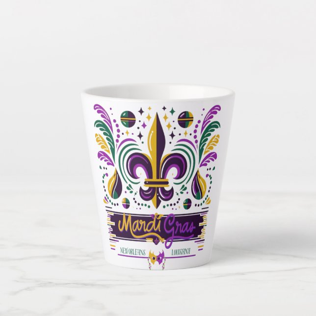 Caneca De Café Latte Nova Orleans Mardi Gras verde-roxo (Frente)