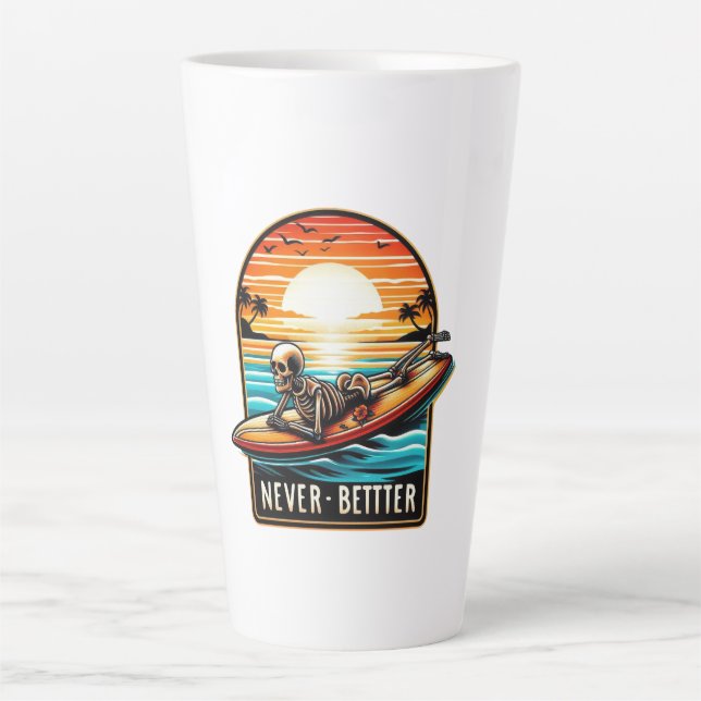 Caneca De Café Latte Nunca Melhor - Skelset surfando Onda Sunset (Frente)