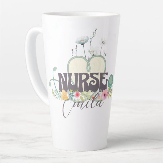 Caneca De Café Latte Nurse Floral Garden Your Name (Ângulo esquerdo)