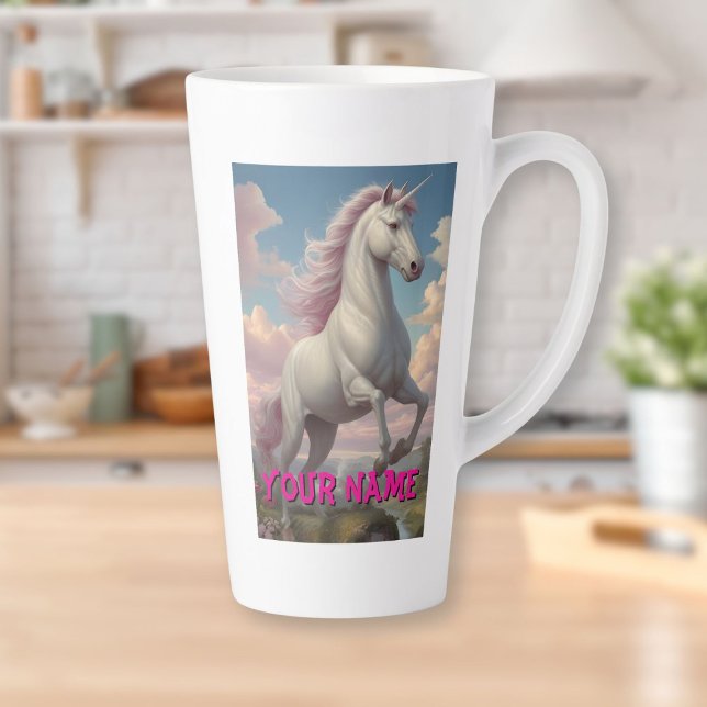 Caneca De Café Latte Nuvens de Unicórnio Branco Personalizadas (Personalized White Unicorn Clouds Latte Mug)