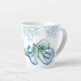Caneca De Café Latte Octopus Coastal de Cor Azul Testemunha