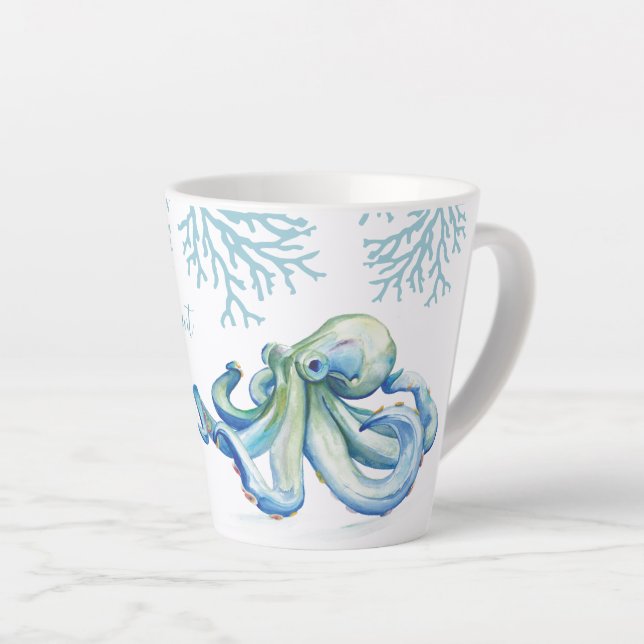 Caneca De Café Latte Octopus Coastal de Cor Azul Testemunha (Ângulo direito)