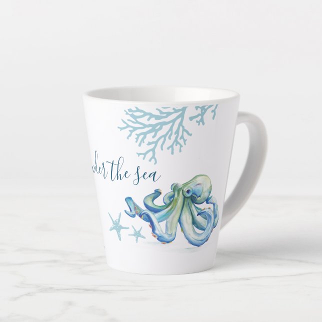 Caneca De Café Latte Octopus de Aquarela Azul (Ângulo direito)