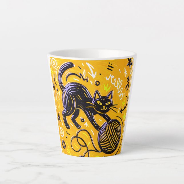 Caneca De Café Latte Olá Amarelo Gato Preto (Frente)