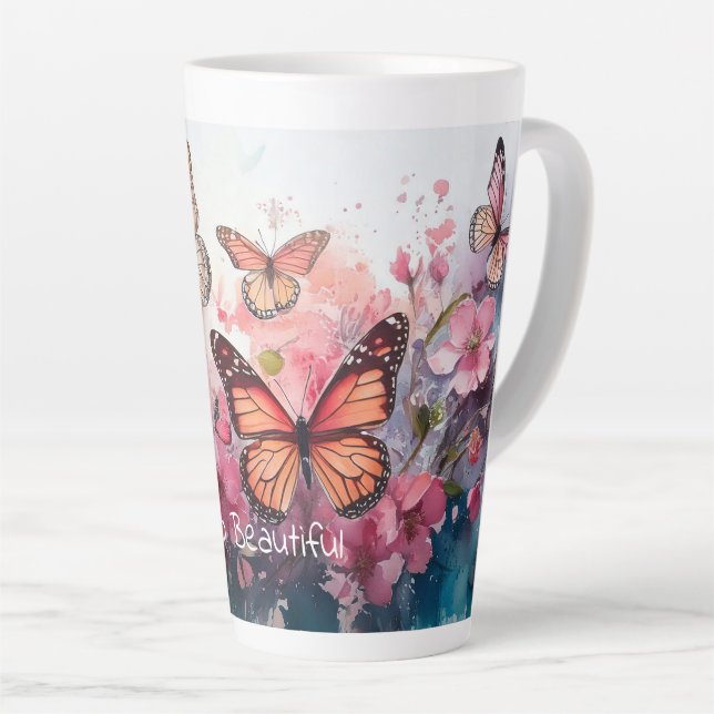 Caneca De Café Latte Olá Linda, com Borboletas e Flores (Ângulo direito)