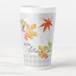 Caneca De Café Latte Olá outono com aves e folhas de outono