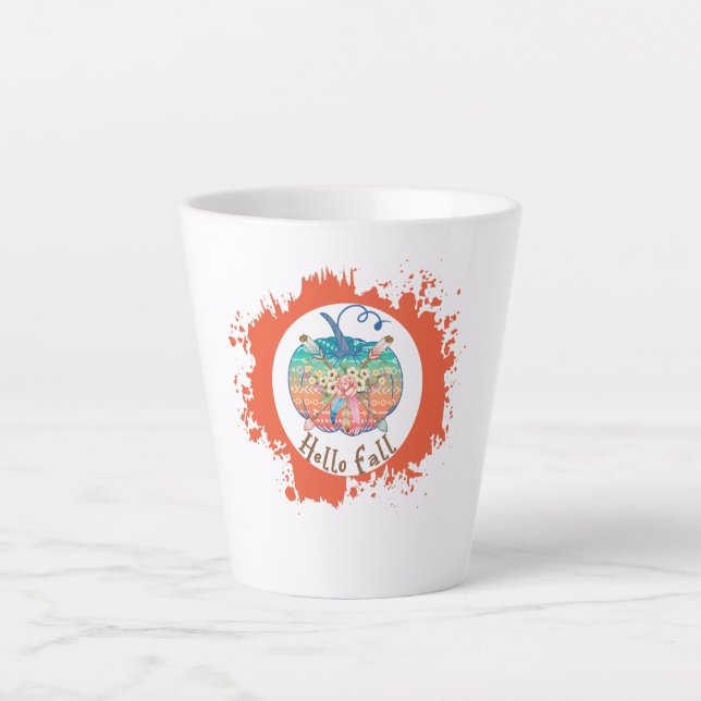 Caneca De Café Latte Olá outono - Design de Abóbora Whimsical (Frente)