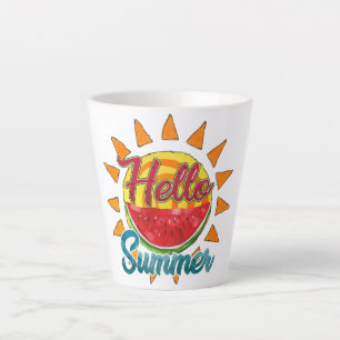 Caneca De Café Latte Olá Summer Watercolor Melancia e Vibrante Sol