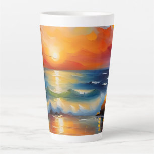 Caneca De Café Latte Óleo Pintura do pôr do sol laranja sobre o oceano