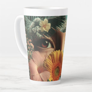 Caneca De Café Latte Olhos Surreais e Flores com Borboletas