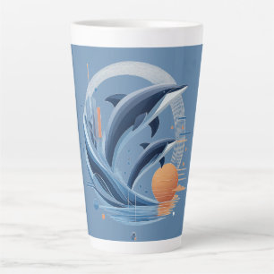 Caneca De Café Latte Onda de Golfinho Moderna – Arte Oceânica Futurista