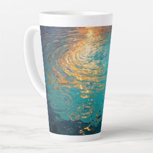 Caneca De Café Latte Ondas Abstratas de Água com Luz Solar Dourada