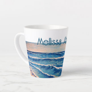 Caneca De Café Latte Ondas Azuis da Maré Nome personalizado