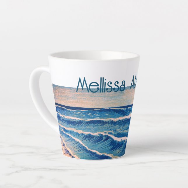 Caneca De Café Latte Ondas Azuis da Maré Nome personalizado (Ângulo esquerdo)