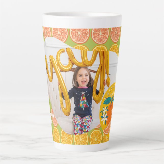 Caneca De Café Latte Orange Fruity Birthday Green Photo (Frente)
